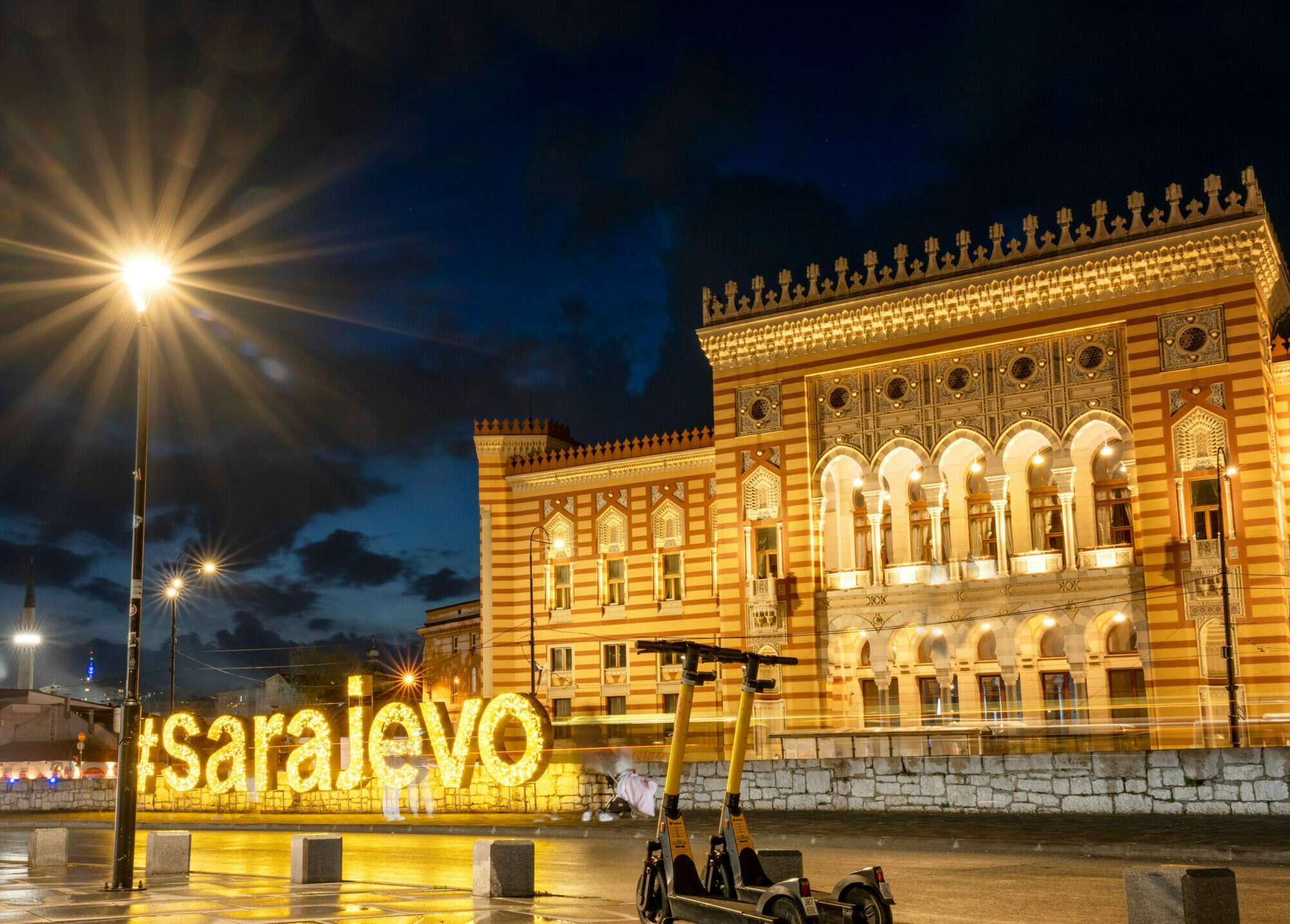 Night view of Sarajevo city hall Vijecnica at night, Bosnia and Herzegovina. Travel to Balkans