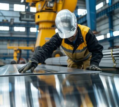 Worker Examining Sheet Metal in Industrial Setting